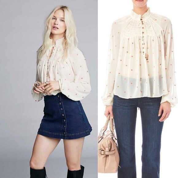 Free People Tops - FREE PEOPLE Cream Ready To Run Smocked Blouse